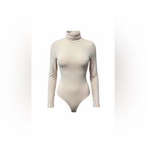 REORIA Double Layer Ribbed Turtleneck Bodysuit Neutral Beige – Size 2XL